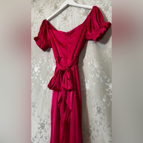 North End Boutique Satin Pink Puff Sleeve Wrap Bow Midi Dress Small - Picture 6 of 6